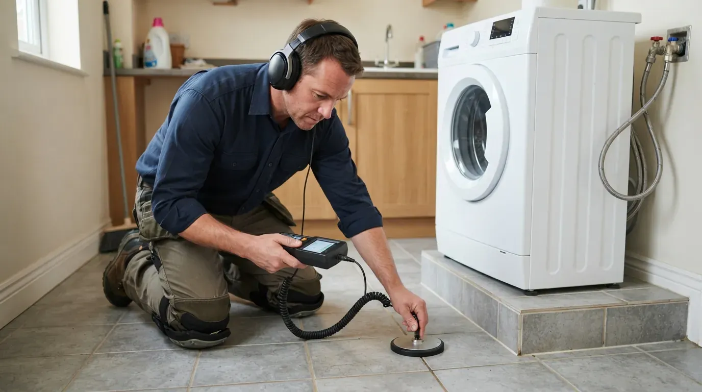 A plumber using acoustic listening equipment on a tiled floor to trace a hidden water leak