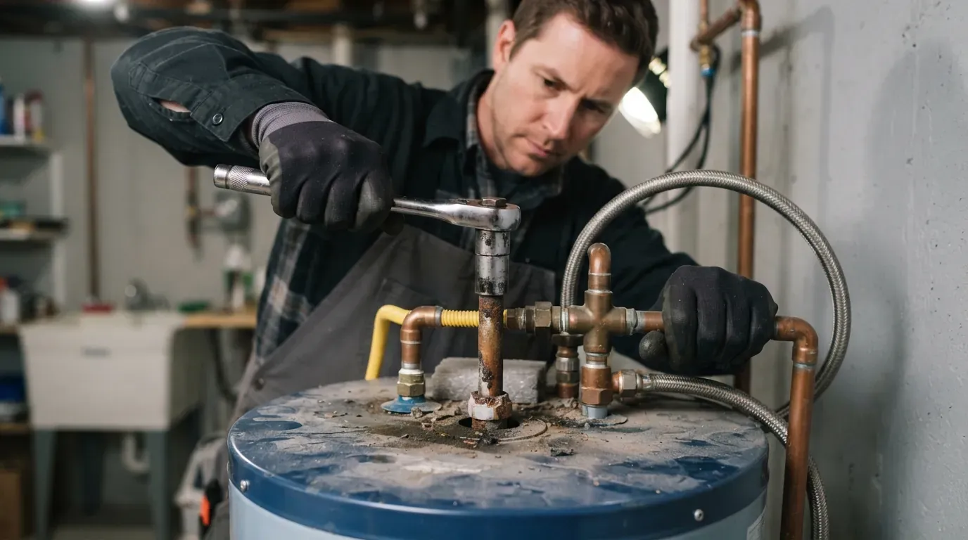 The sacrificial anode rod being drawn out of the top of a water heater tank