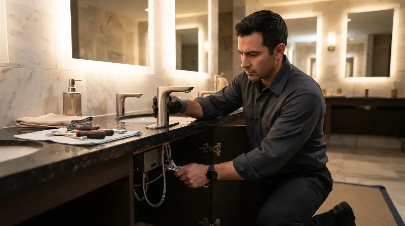 A touchless sensor faucet being fitted to a bathroom vanity