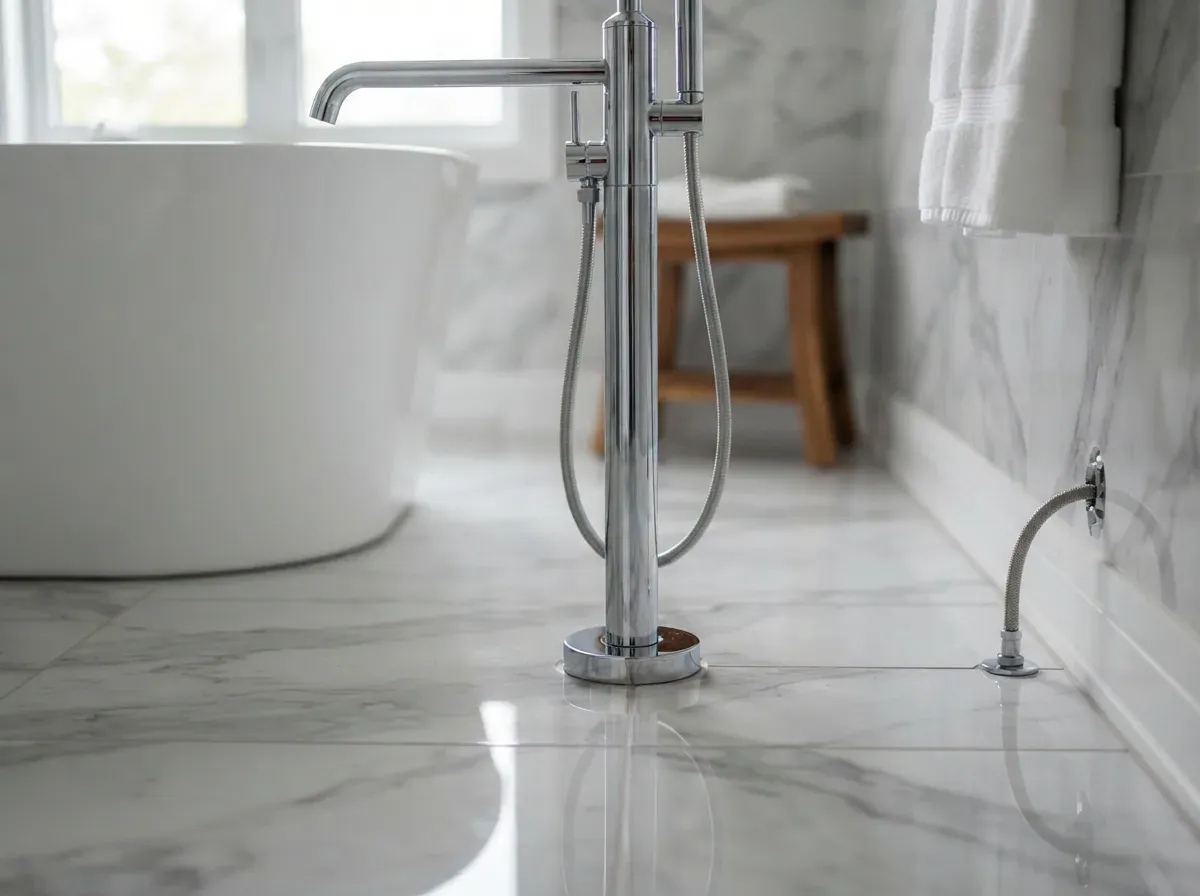 A modern bathroom with a freestanding bath and chrome fixtures