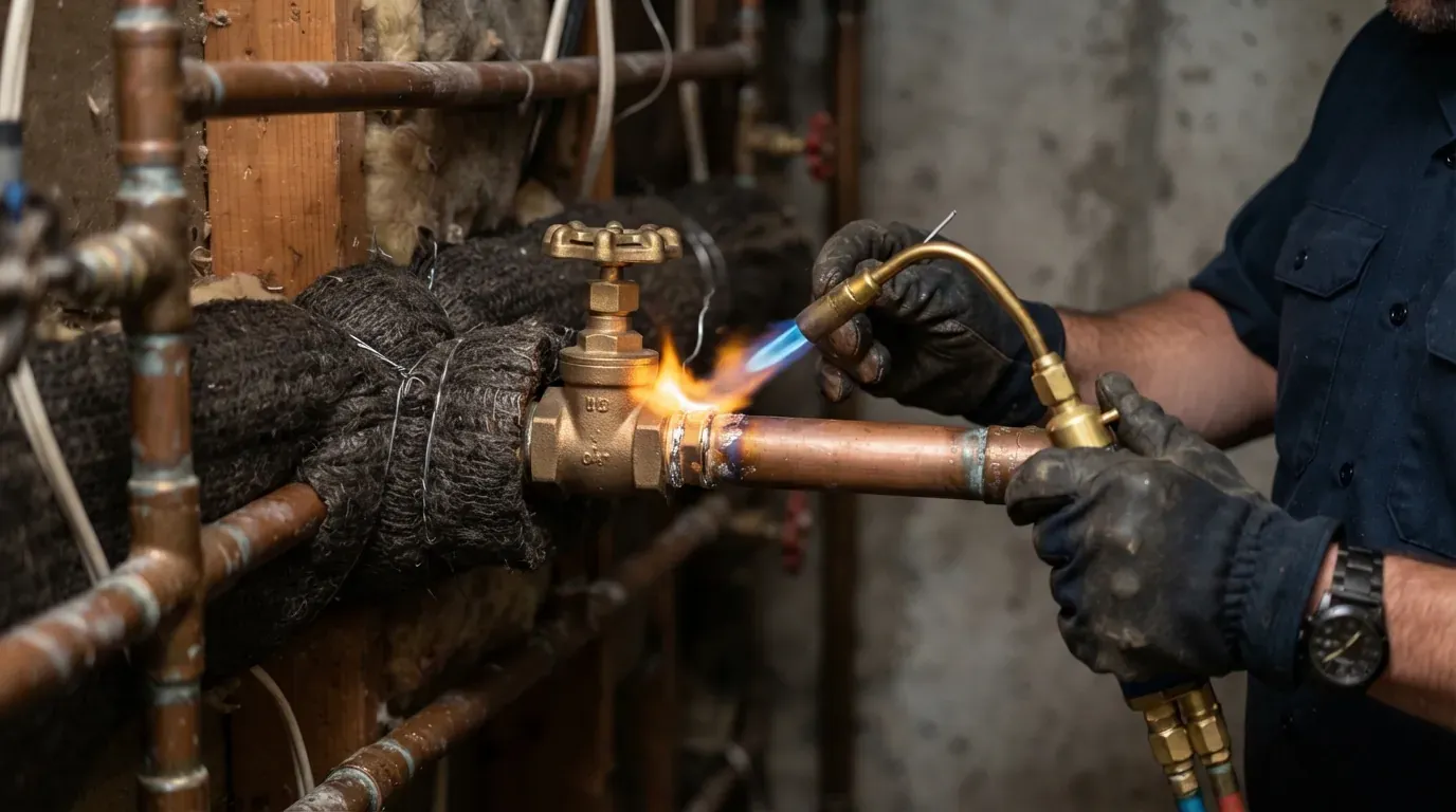 A brass gate valve being soldered onto copper pipe beside insulated pipework