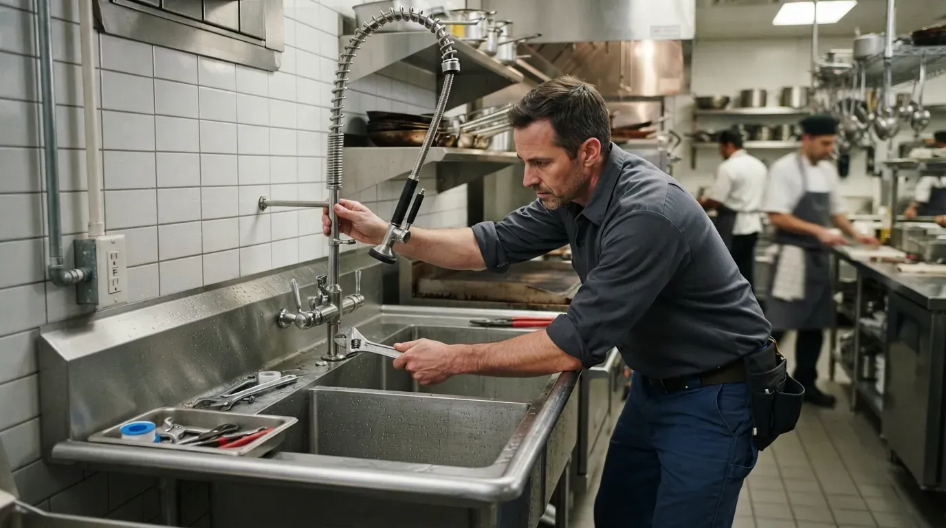 A pre-rinse spray faucet being fitted over a stainless steel sink in a commercial kitchen