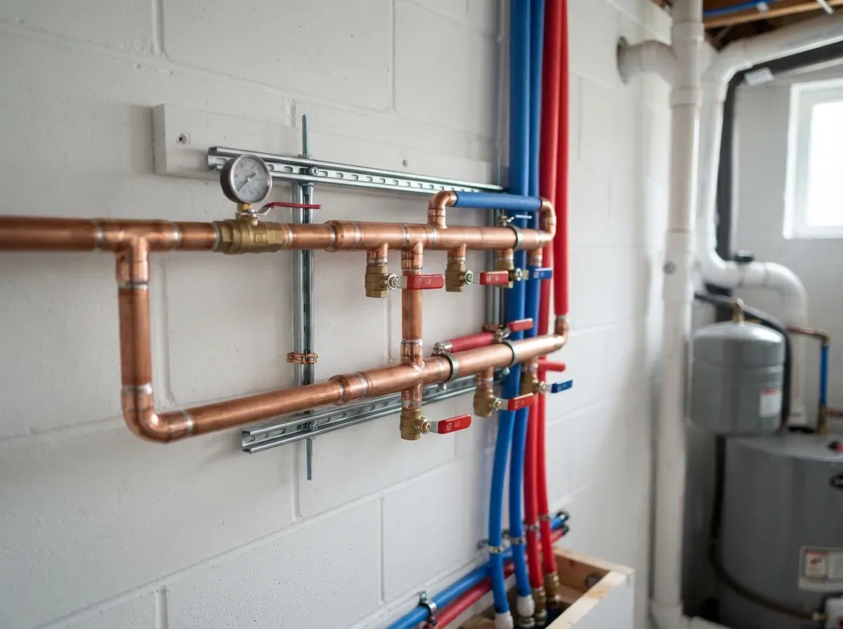 A newly soldered copper manifold with red and blue shut-off valves