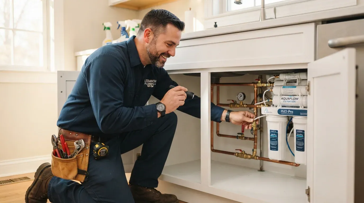 A plumber fitting an under-sink water filtration system onto copper supply pipework