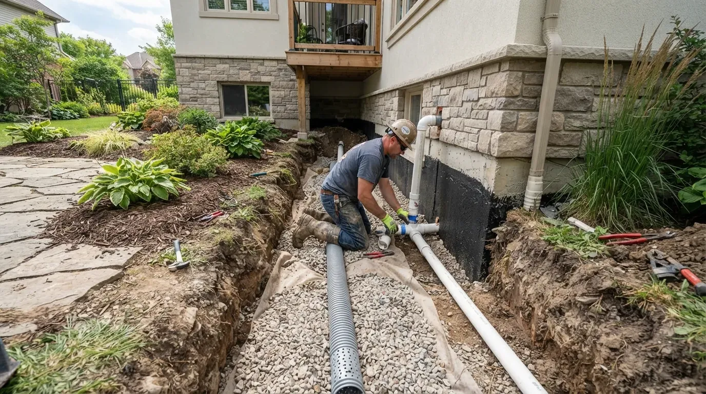 Perforated drain pipe and gravel laid in an open trench beside a house foundation