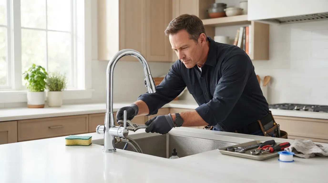 A chrome kitchen faucet being repaired