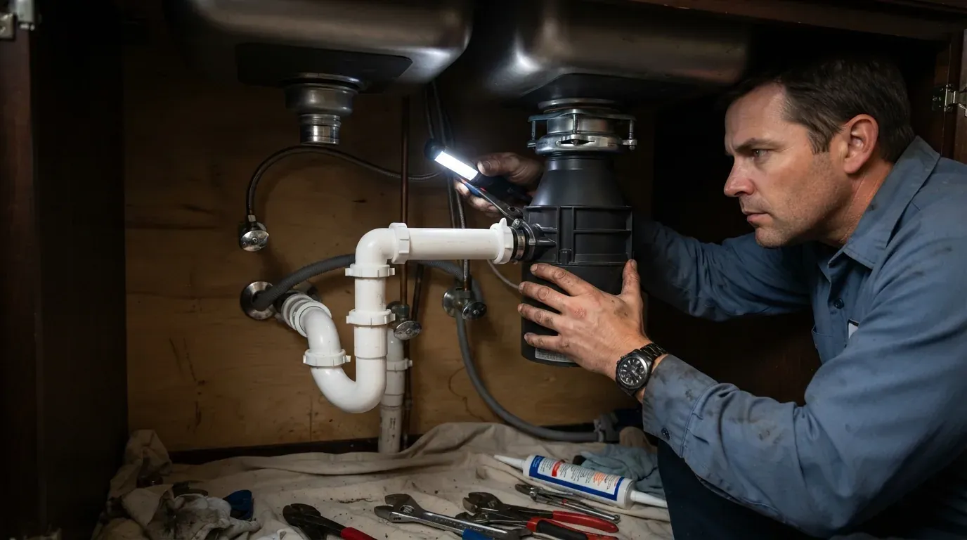 A garbage disposal unit and PVC trap being fitted under a kitchen sink