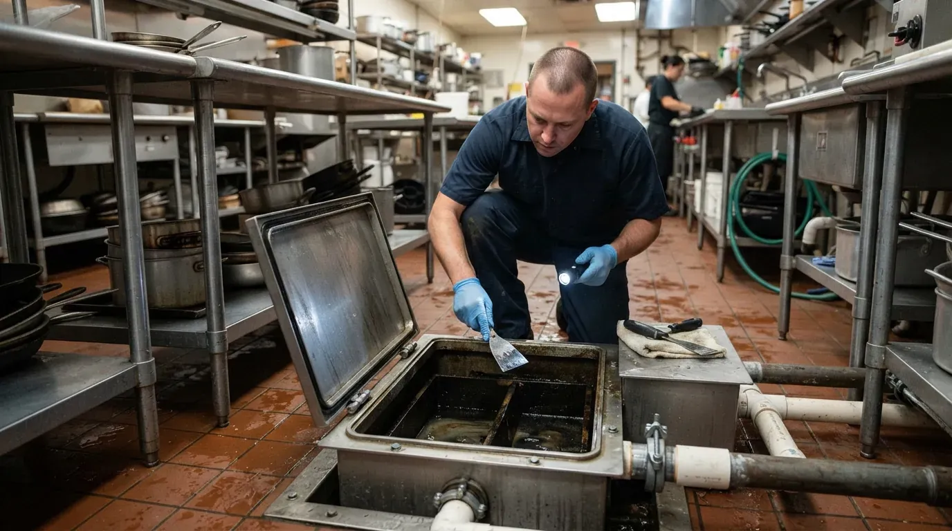 A grease trap interceptor opened for inspection in a commercial kitchen floor