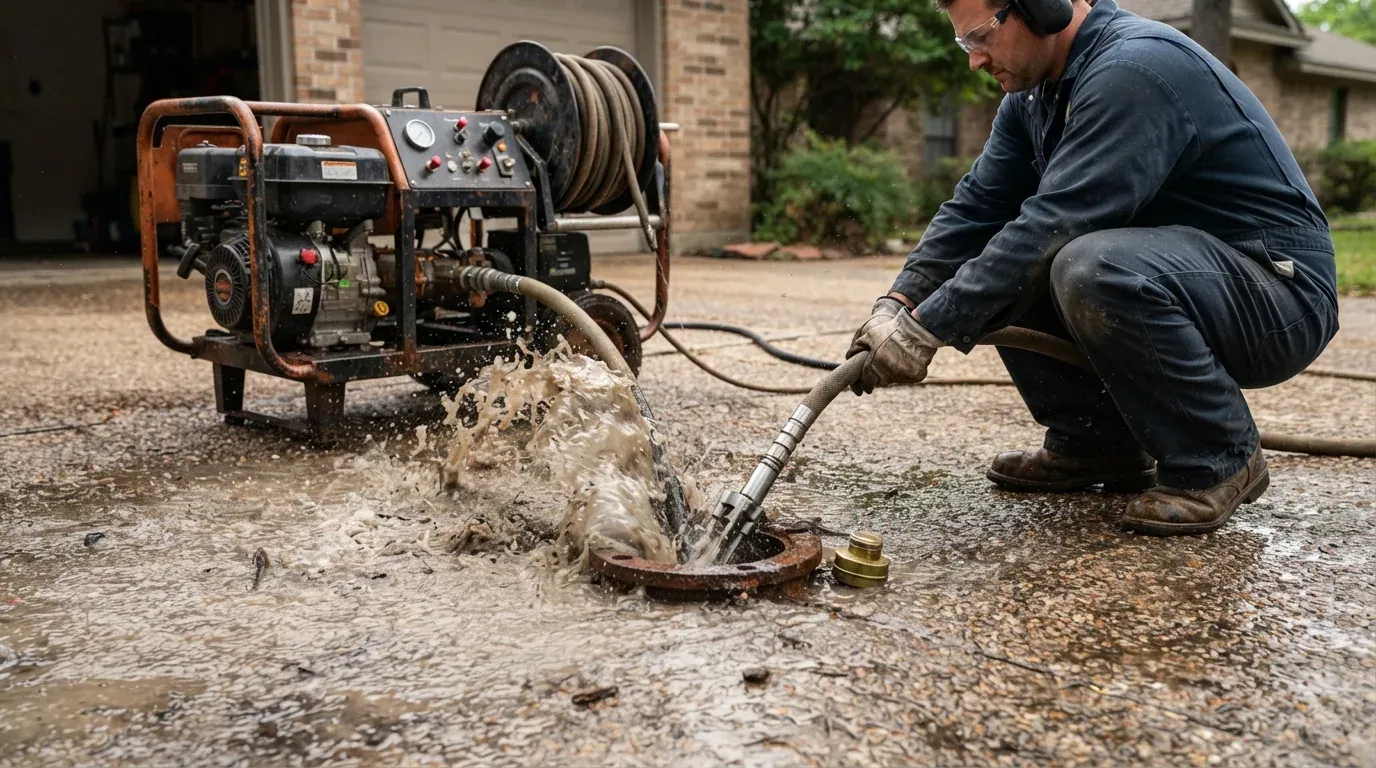 High pressure hydro jetting hose and reel set up for pipe cleaning