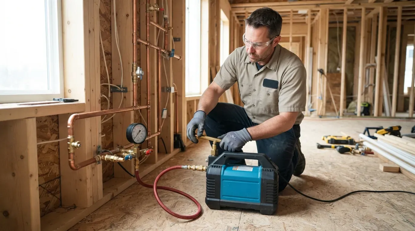 An electric pressure testing pump connected to rough-in copper pipework in a stud wall