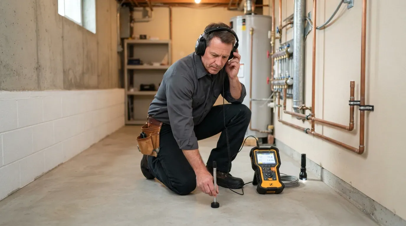 Electronic leak detection equipment being used to trace a hidden pipe leak