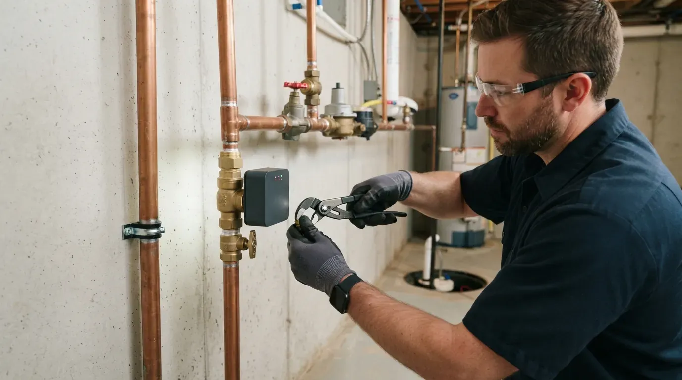 A main water shut-off valve on a copper service line in a basement
