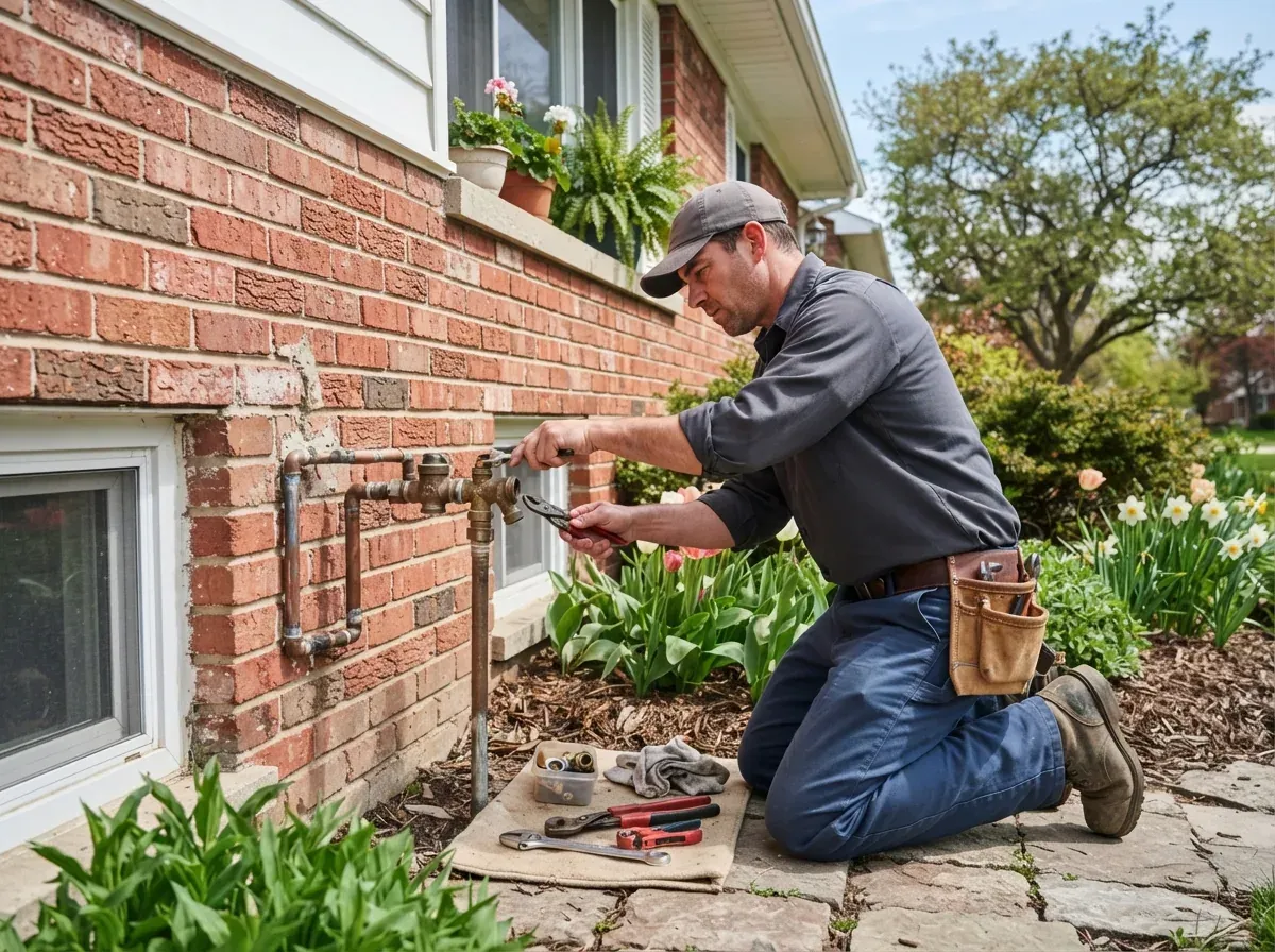 An outdoor frost-proof hose bib and copper backflow preventer being repaired