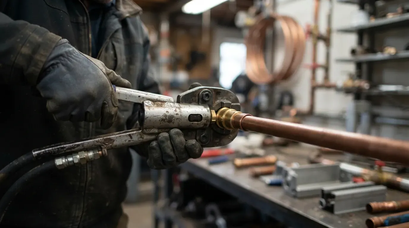 A press tool crimping a fitting onto copper pipe