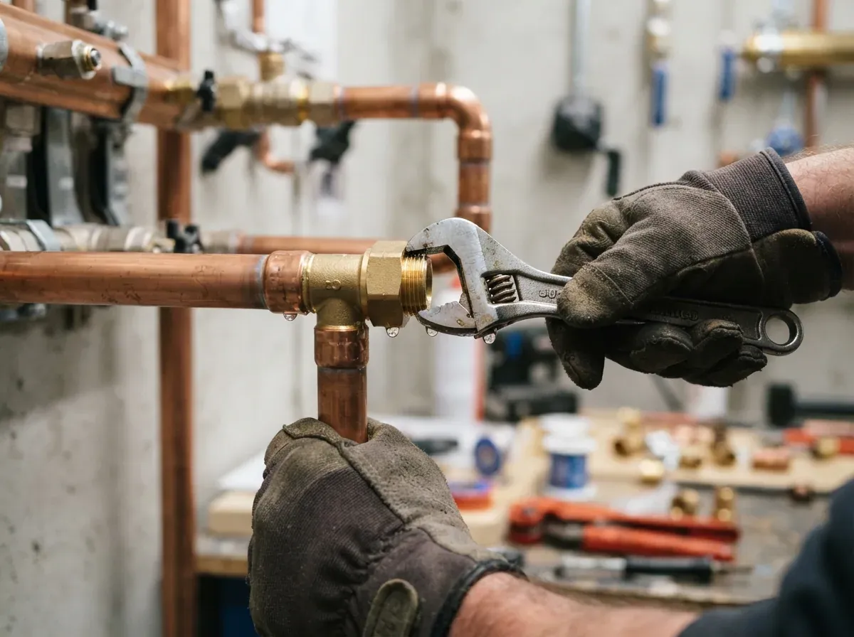 Close-up of gloved hands fitting copper pipe during a plumbing repair