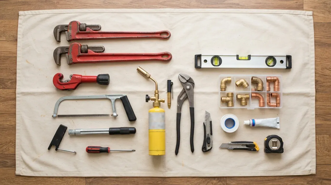 Plumbing tools and pipe fittings laid out on a clean work cloth
