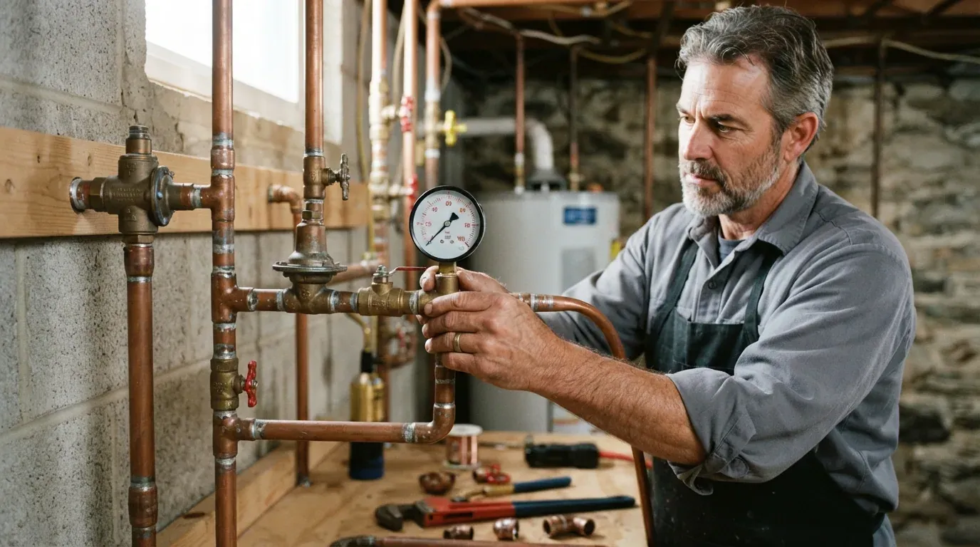 A water pressure gauge being read on a copper line assembly