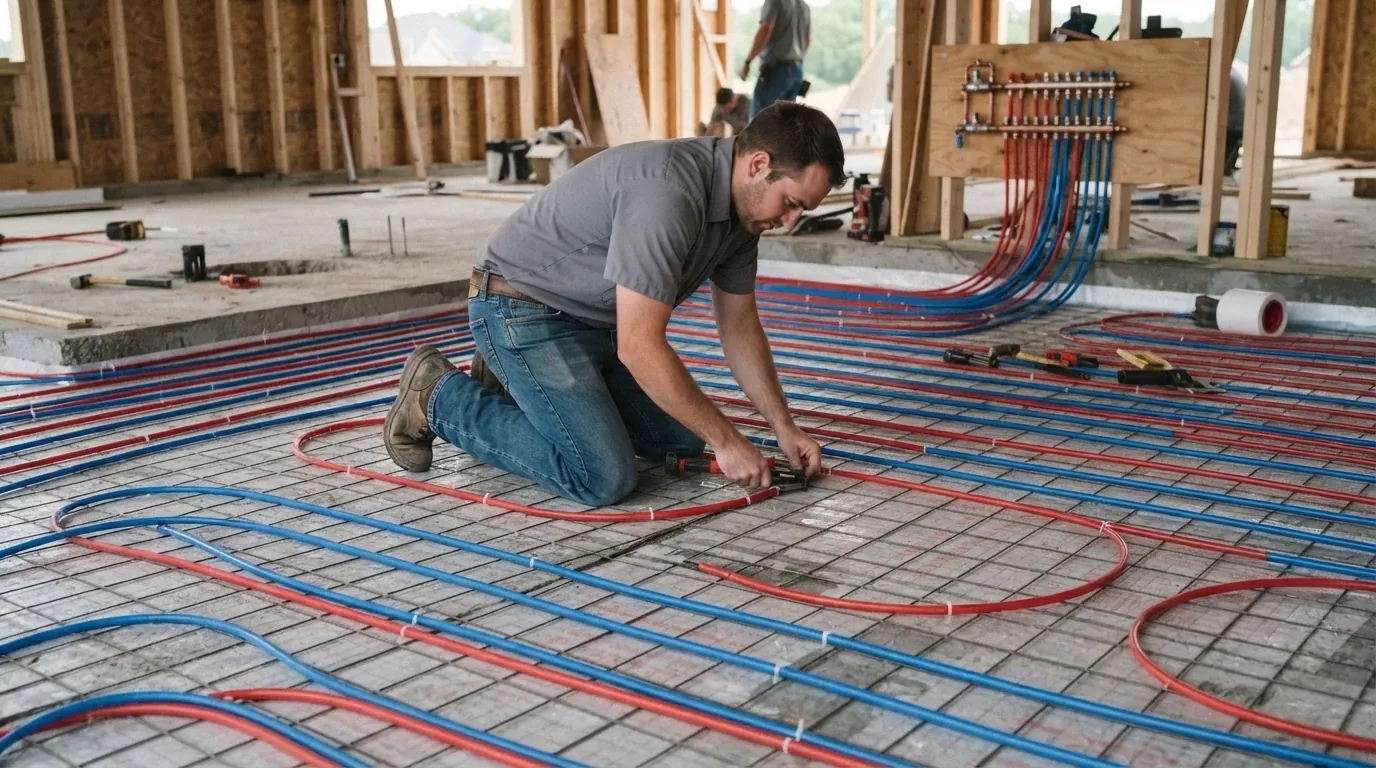 Red and blue PEX tubing being laid in a grid across a concrete slab for radiant floor heating