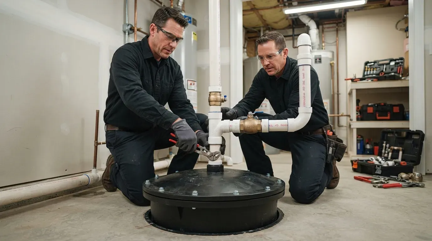 A sealed sewage ejector pump basin being fitted in a basement floor