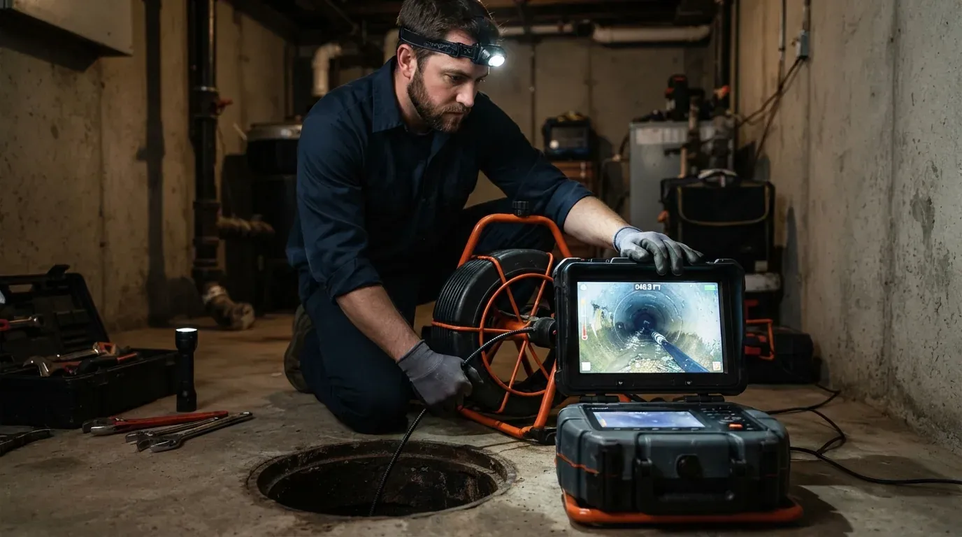 A sewer inspection camera feeding a colour monitor during a drain survey