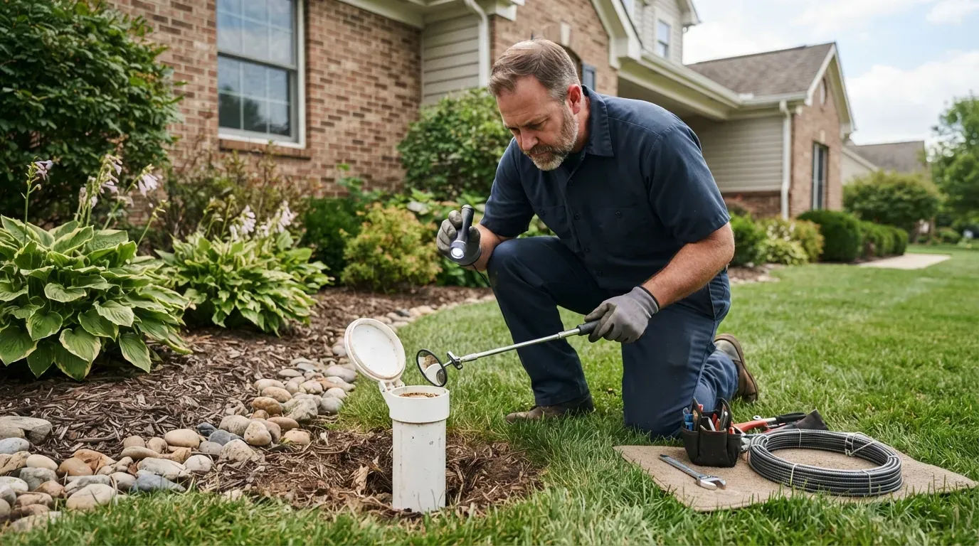 A plumber opening an exterior sewer cleanout in a front lawn