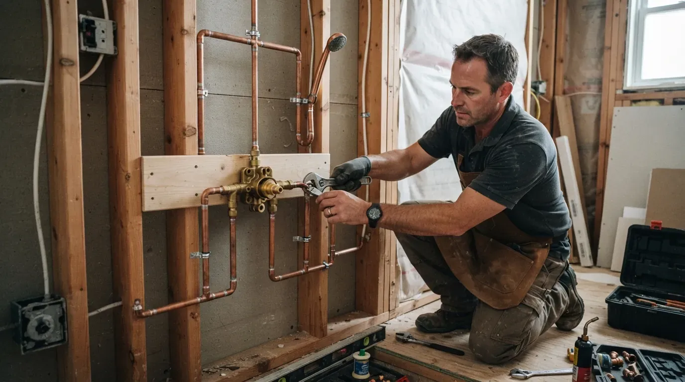 A thermostatic shower valve body being fitted into an open stud wall