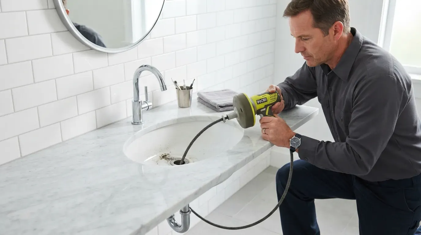 A motorised hand auger being fed into a bathroom sink drain
