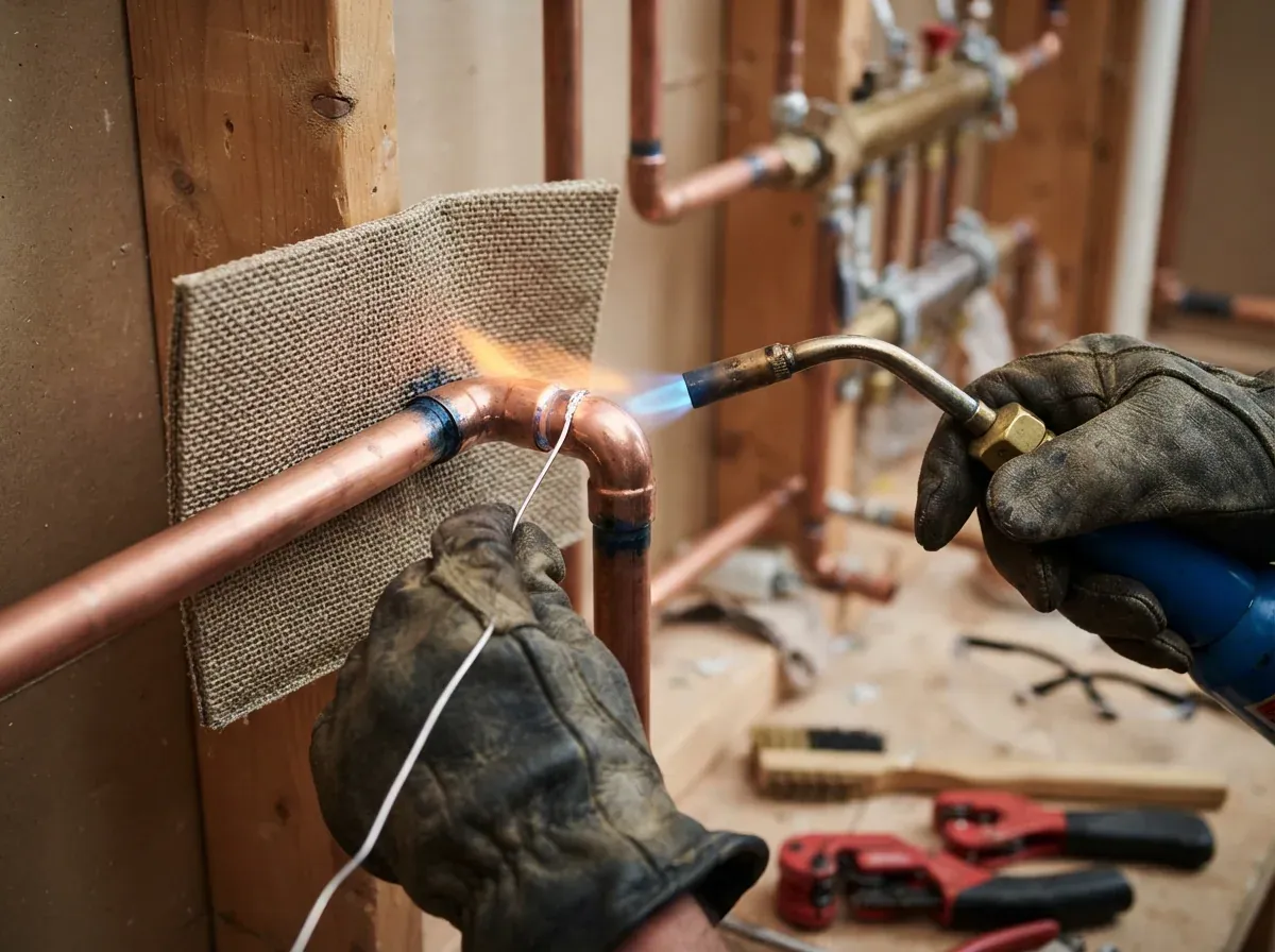 A copper pipe joint being soldered with a propane torch