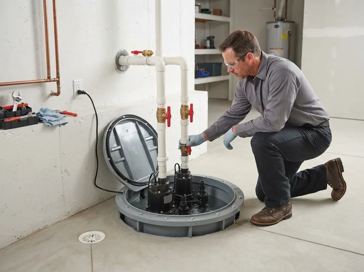 A sump pump basin with twin submersible pumps being inspected