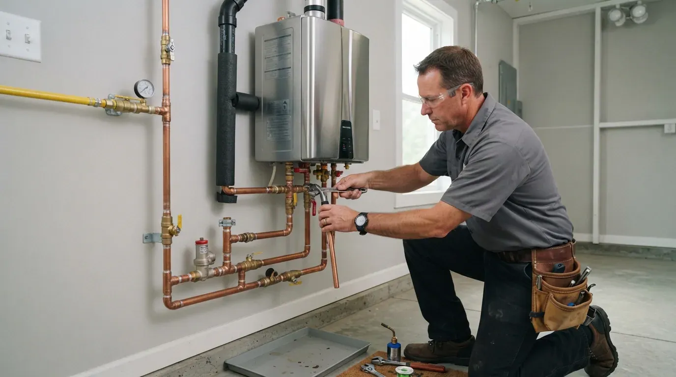 A tankless water heater being installed on a utility room wall