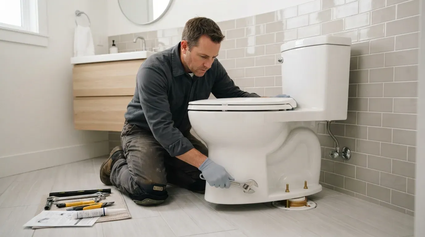 A dual flush ceramic toilet being installed in a renovated bathroom