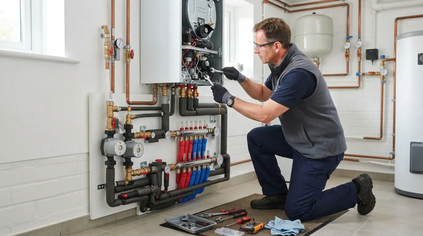 A wall-hung condensing boiler opened for service beside a copper and PEX manifold