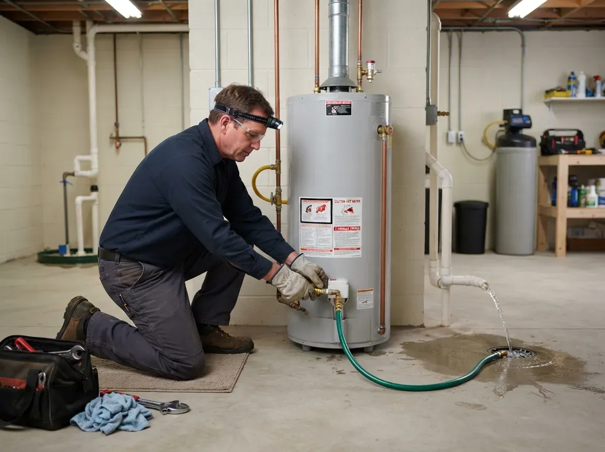 A 50 gallon residential hot water tank being flushed and serviced