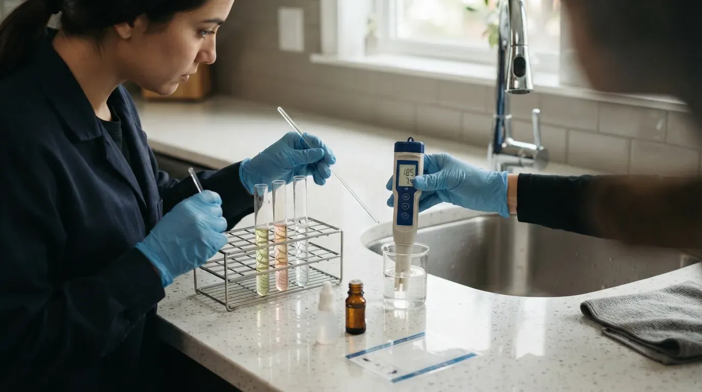 Water samples in test tubes being checked with a digital meter at a kitchen sink