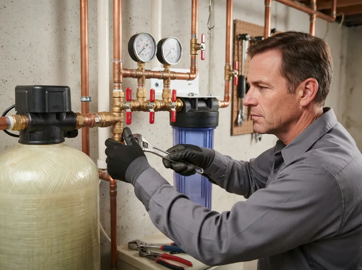 A residential water softener being connected to supply pipework
