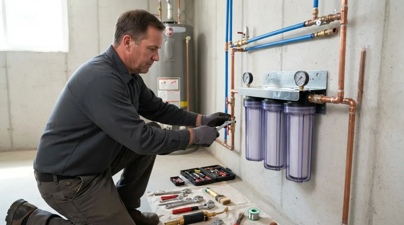 A three-stage whole-house water filter assembly mounted on a basement wall